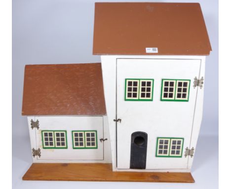 Vintage dolls house painted white, with some furniture, H65cm x L66cm    Condition Report   Click here for further images, co