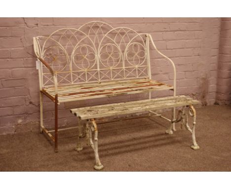 Wrought metal two seat bench (W122cm), and wooden slatted bench   Condition Report   Click here for further images, condition