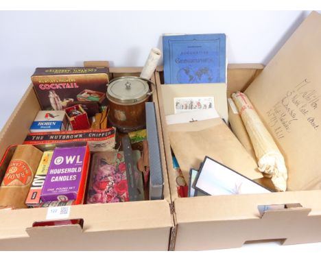 Early 20th Century Huntley & Palmers 'Cocktail' biscuit tin, oak biscuit barrel, other Vintage items and ephemera in two boxe