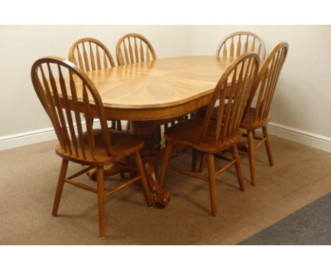 Oak extending dining table with additional leaf (199cm x 107cm, H75cm (with leaf)), and set six stick and hoop back chairs   