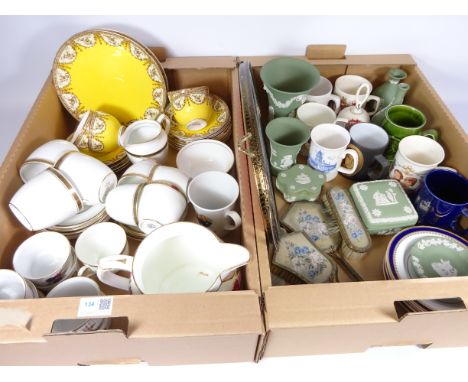 Royal Worcester teaware, other teaware, Evesham ramekins, dressing table set, green Jasperware, commemorative mugs etc in two