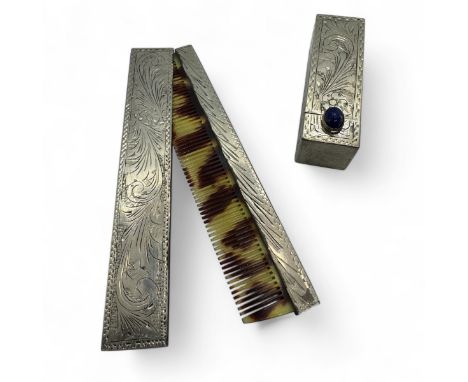 A vintage lipstick holder and small comb set in engraved white metal.  The Lipstick holder has a concealed mirror, closed in 