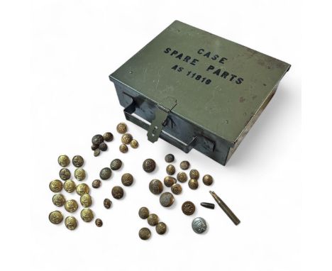 A collection of Army, RAF and naval buttons, and a bullet shaped cigarette lighter. Within a military green tin box marked “C