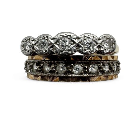 An early 20th century illusion set diamond five stone ring, together with a synthetic spinel eternity ring. The five stone ri