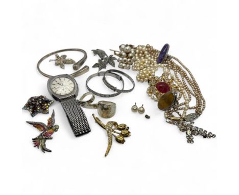 A collection of gold, silver and costume jewellery. Comprising a strand of Rosita "Mikado" simulated pearls with "9ct" stampe