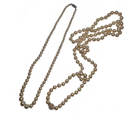 Two strands of cultured pearls, with a small collection of costume jewellery. One a graduated strand of off white pearls with