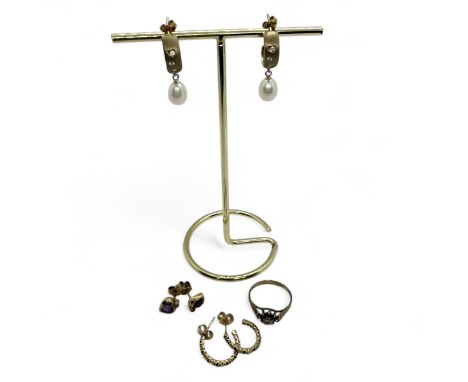 A collection of 9ct gold jewellery, together with a pair of ruby and diamond hoops in precious yellow metal testing as 18ct. 