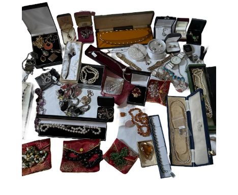 A collection of silver and costume jewellery to include a Cloagau ring, watches, faux and freshwater pearls, Baltic amber, a 