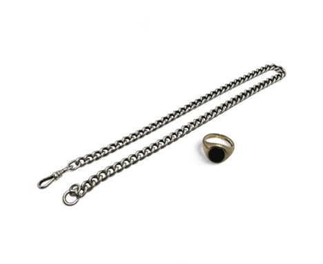 A gentleman's 9ct gold onyx signet ring and an Albert watch chain. The ring, set with an oval onyx plaque, is hallmarked for 