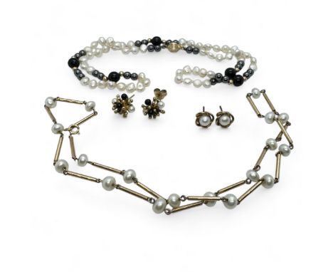 A collection of cultured pearl jewellery comprising two pairs of earrings, a 9ct gold button cultured pearl necklace station 