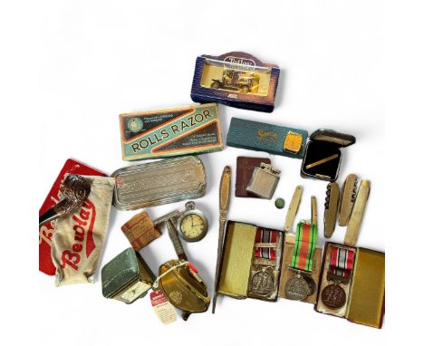 A collection of gentleman's collectables.  To include vintage razors, Fire Brigade service medals; a Defence Medal; a Tempora