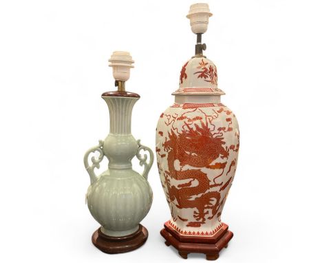 Two Chinese lamp bases  Tallest approximately 53cm from base of stand to top of light fitting and 16.5 cm wide