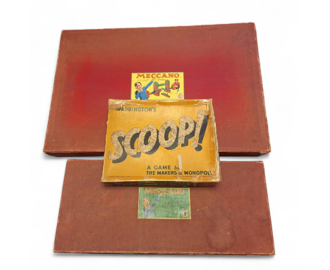 Two boxes of 1950's Meccano and a Waddington "Scoop" game Meccano sets are as shown , and the Scoop game is a card game simil