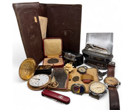 A collection of early 20th century gentleman's ephemera plus other items including a gold plated hunter pocket watch and tabl