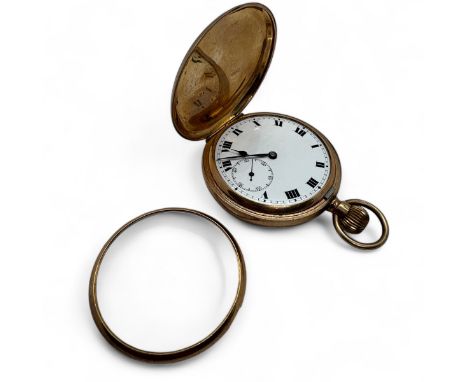 A 9ct gold pocket watch with Swiss movement. With a white enamel dial, with Roman Numerals to a keyless wind movement. Case d