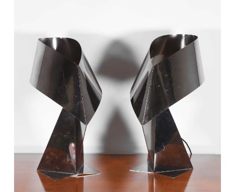 Claire Norcross for Habitat, a pair of 'Ribbon' table lamps, designed in 2005, chrome,larger lamp 25cm wide32cm deep50cm high
