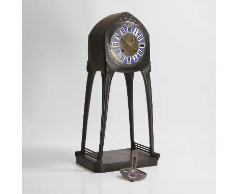 Albin Camillo Müller (German, 1871-1941), a cast bronze Secessionist mantel clock, c.1905-10, with a brass and enamelled dial
