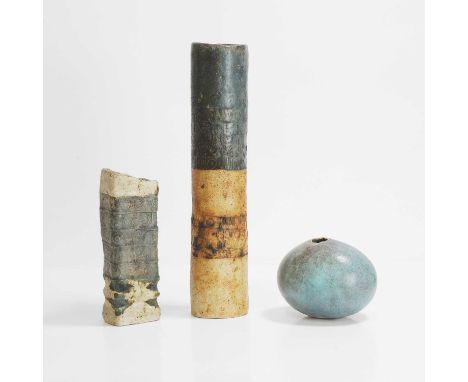 ▲ Alan Wallwork (1931-2019), three studio pottery vases, stoneware, two with impressed hieroglyphic decoration, each incised 