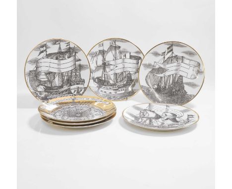Piero Fornasetti (Italian, 1913-1988), seven plates, comprising four 'Velieri' and three 'Astrolabio', each with printed manu