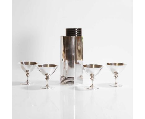 Folke Arström (Swedish, 1907-1997) for GAB, an Art Deco silver-plated cocktail shaker and cocktail glasses, 1930s, with a sha