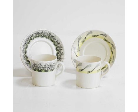 Eric Ravilious (1903-1942) for Wedgwood, two espresso cups and matching saucers, one in 'Persephone' pattern, the other in th