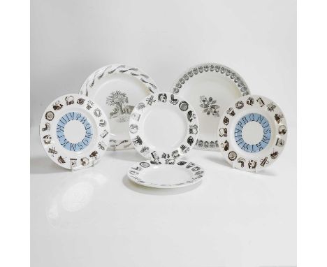 Eric Ravilious (1903-1942) for Wedgwood, six plates, comprising four 'Alphabet' plates, one 'Garden' plate, and one 'Persepho