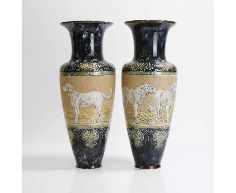 Hannah Barlow (1851-1916) for Doulton Lambeth, a pair of stoneware vases, late 19th century, each incised with a central belt