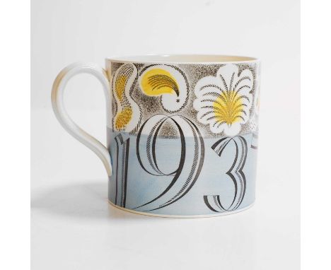 Eric Ravilious (1903-1942) for Wedgwood, a 1937 King Edward VIII coronation mug, printed design with a blue band, printed mar