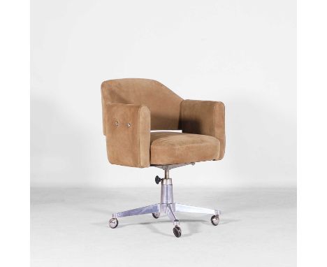 1950s, a swivel desk chair, upholstered in suede fabric on a chrome frame, with chrome swivel feet,58cm wide52cm deep77cm hig