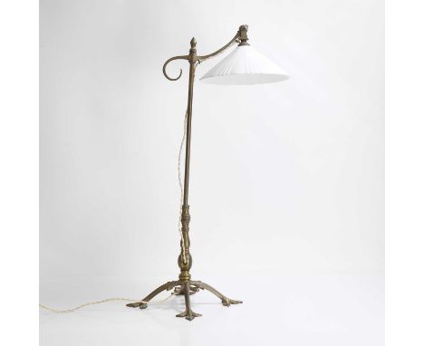 Manner of WAS Benson,  an Arts and Crafts reading light, brass with a ceramic glass shade on a hinged mount, 32cm wide 22cm d