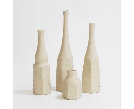 Akiko Hirai (Japanese, b.1970), a set of four 'Morandi' bottles, stoneware, each incised with maker's initials,7.6 to 23cm hi