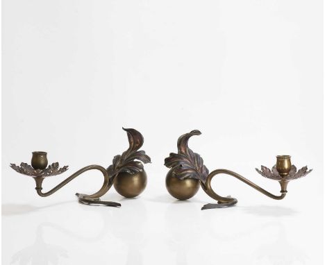 Manner of WAS Benson, a pair of Arts and Crafts gilt-brass candlestands, c.1890, each of naturalistic leaf form,26cm wide13cm