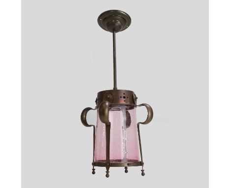 Manner of WAS Benson, an Arts and Crafts lantern, c.1890, copper and art glass,31cm diameter34cm high65cm high including drop