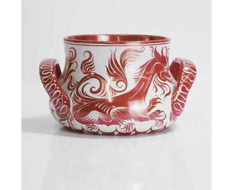 William De Morgan (1839-1917), a twin-handled vase decorated by J Hersey, c.1890s, painted with mythical creatures in a ruby 