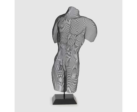 Randy Cooper (American, b.1942), a wirework sculpture depicting a male nude torso, mounted on a bevelled wooden base, wirewor