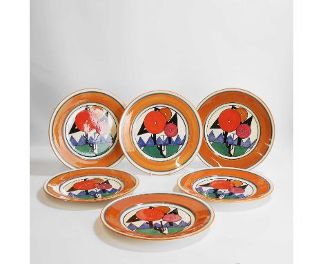 After Clarice Cliff, a set of six Art Deco-style dinner plates, designed in 1993 for the Metropolitan Museum of Art, painted 