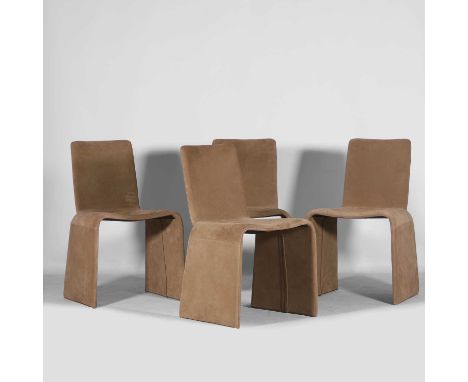 Porada, a set of four 'Eleonora' chairs 1990s, Italian, each with suede upholstery on a solid wooden frame,50cm wide48cm deep