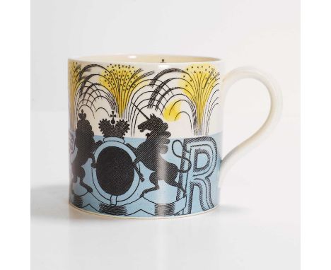 Eric Ravilious (1903-1942) for Wedgwood, a 1937 King George VI and Queen Elizabeth coronation mug, printed design with a blue
