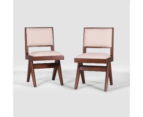 Pierre Jeanneret (Swiss, 1896-1967), a pair of side chairs, each of teak with cream upholstery,46cm wide57cm deep84cm high, 4