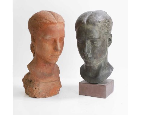 20th century, a bronze bust of a girl raised on a square plinth, and a matching terracotta model,38cm high overall (2)