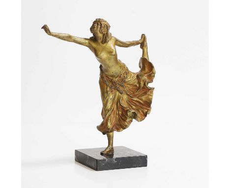 After Claire Jeanne Roberte Colinet, 'Egyptian Dancer', an Art Deco bronze figure of a dancer with outstretched arms, on a la