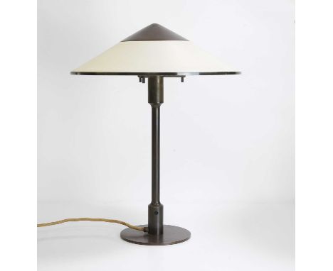 Niels Rasmussen Thykier (Danish, 1883-1978), a model T3 'Kongelys' lamp, with a patinated brass support, a conical lampshade 
