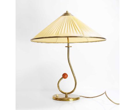 1950s. a brass table lamp, French, with pleated shade,58cm high
