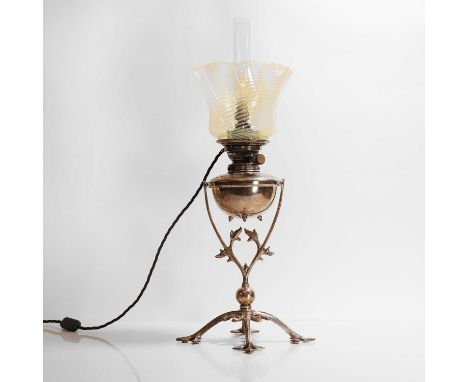 WAS Benson, a silver-plated Arts and Crafts oil lamp on stand, with funnel and a ribbed Vaseline glass shade in the manner of