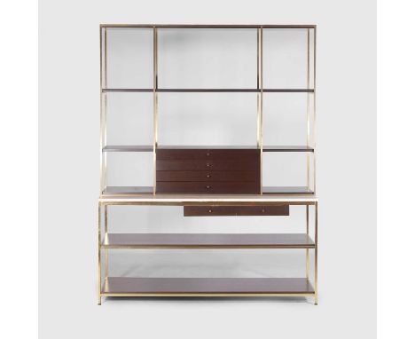 Paul McCobb (American, 1917-1969), a brass and mahogany 'Irwin Collection' étagère, c.1970, the top with open shelves and fou