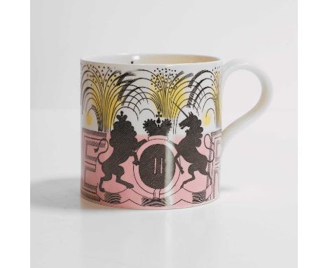 Eric Ravilious (1903-1942) for Wedgwood, a 1953 Queen Elizabeth II coronation mug, printed design with a pink band, printed a