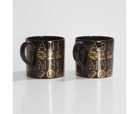 Eric Ravilious (1903-1942) for Wedgwood, a pair of black and gold 'Alphabet' mugs, printed marks,8cm high (2)Provenance: From