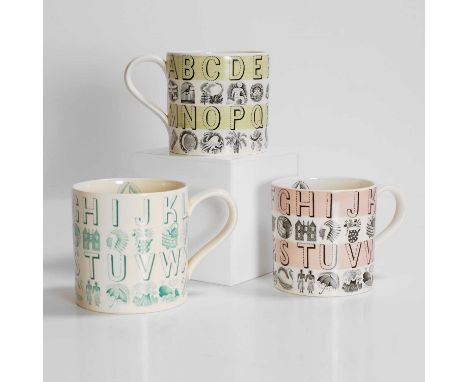 Eric Ravilious (1903-1942) for Wedgwood, a set of three 'Alphabet' cups, one in pink, one in green, and one in blue, printed 