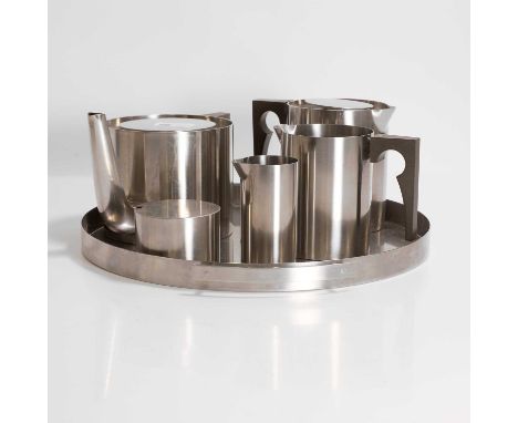 Arne Jacobsen (Danish, 1902-1971) for Stelton, a five-piece 'Cylinda-line' stainless steel tea set, originally designed in 19