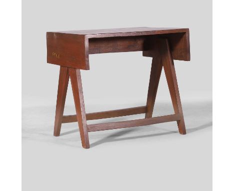 Pierre Jeanneret (Swiss, 1896-1967),  a teak 'student' desk, designed for Chandigarh, c.1960, the rectangular top with drop-d